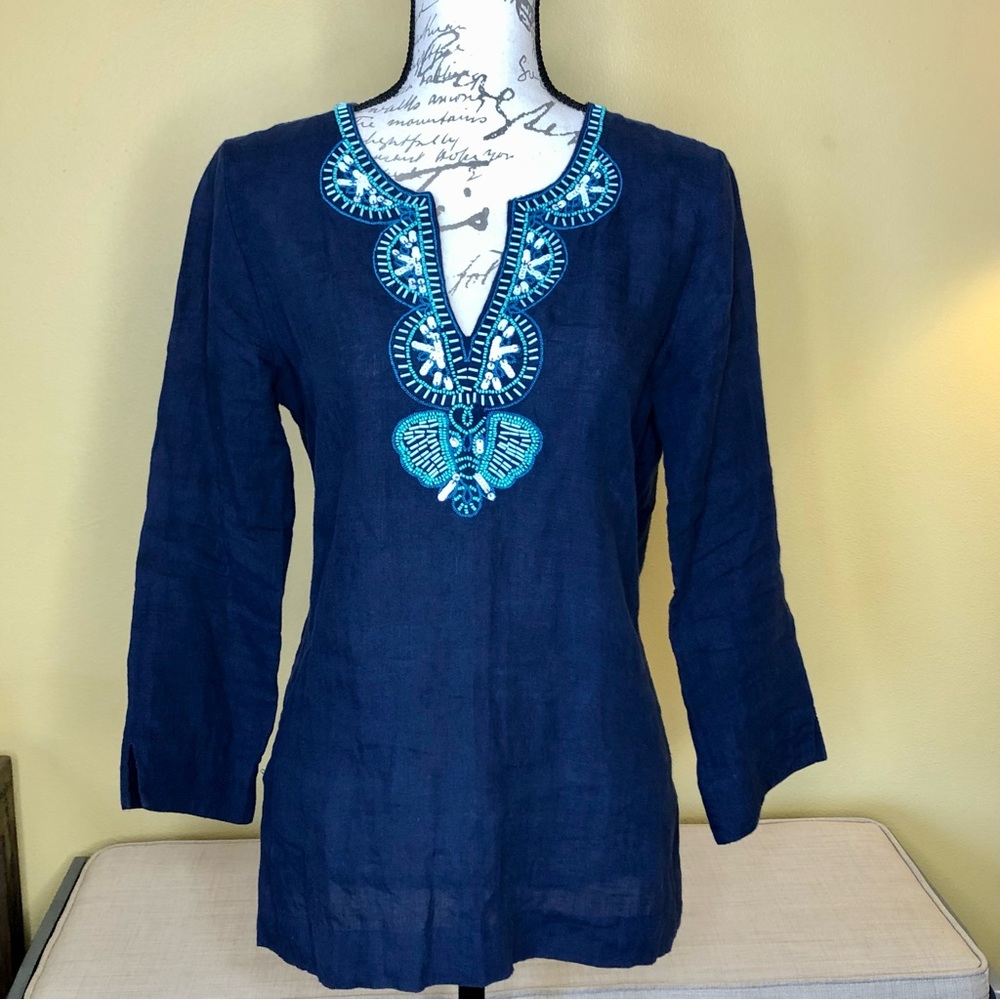 LILLY PULITZER Navy Resort Wear Linen Tunic Top Shirt Blue Beaded Turquoise Sm